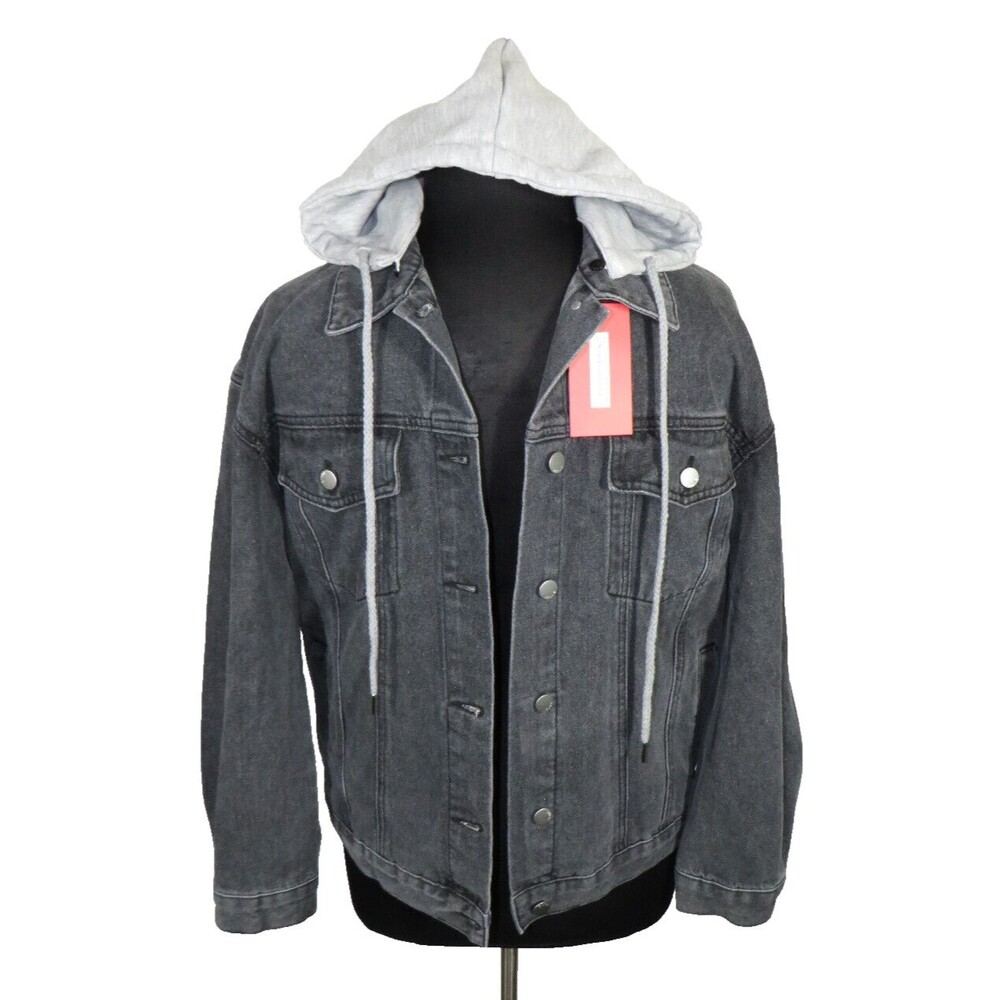 Men's Detachable Hood Layered Look Gray Denim Jean Jacket Size Medium